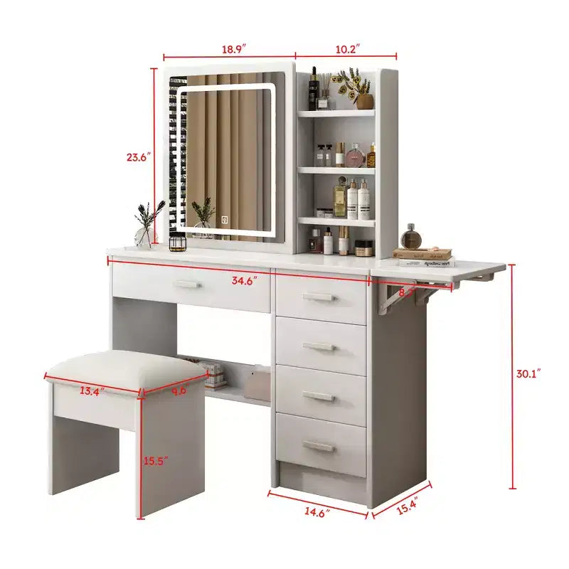 White Makeup Vanity Desk with Lighted Mirror & Chair, 5 Drawers, Open Shelves, 3-Color Adjustable LED Lighting