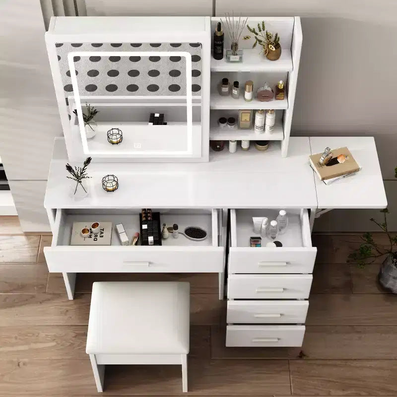 White Makeup Vanity Desk with Lighted Mirror & Chair, 5 Drawers, Open Shelves, 3-Color Adjustable LED Lighting