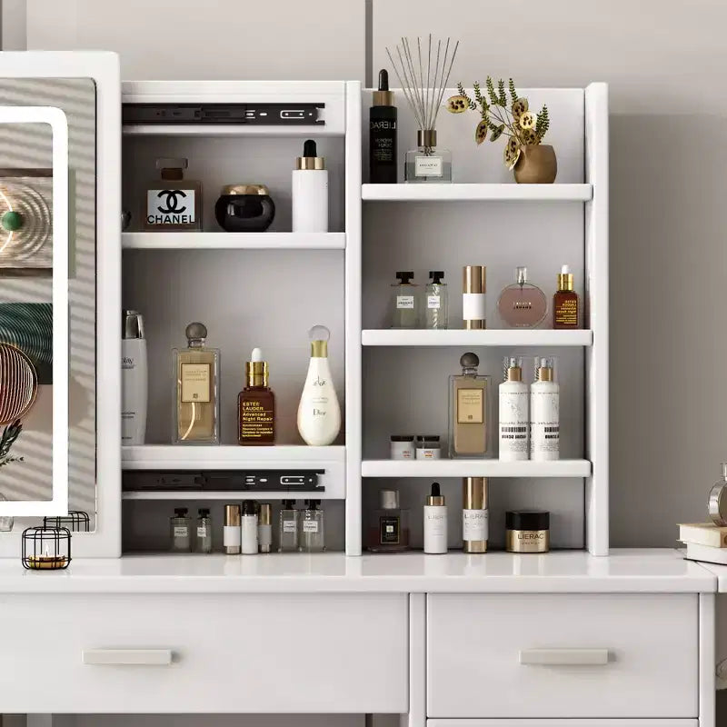 White Makeup Vanity Desk with Lighted Mirror & Chair, 5 Drawers, Open Shelves, 3-Color Adjustable LED Lighting