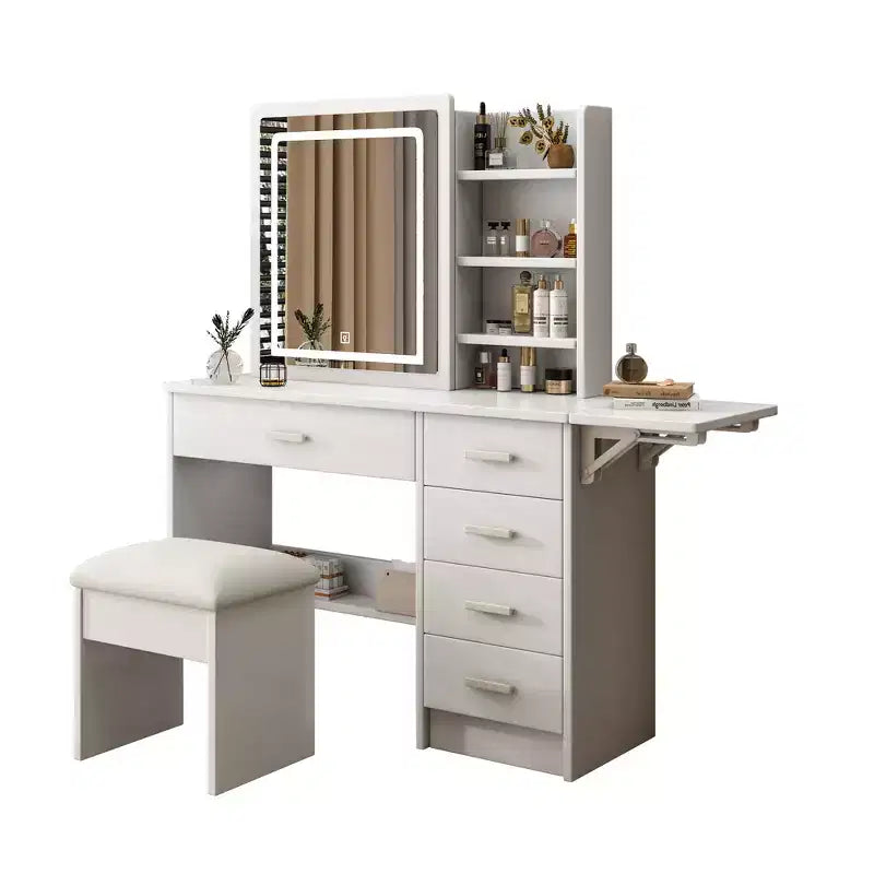 White Makeup Vanity Desk with Lighted Mirror & Chair, 5 Drawers, Open Shelves, 3-Color Adjustable LED Lighting