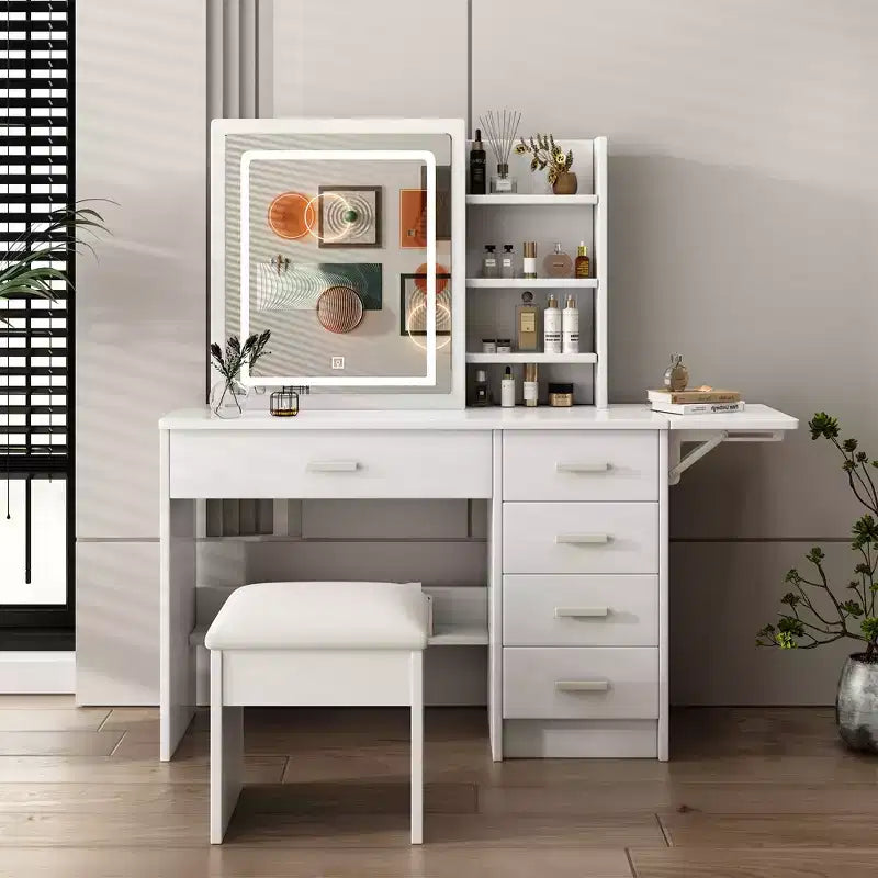 White Makeup Vanity Desk with Lighted Mirror & Chair, 5 Drawers, Open Shelves, 3-Color Adjustable LED Lighting