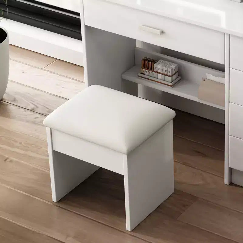 White Makeup Vanity Desk with Lighted Mirror & Chair, 5 Drawers, Open Shelves, 3-Color Adjustable LED Lighting