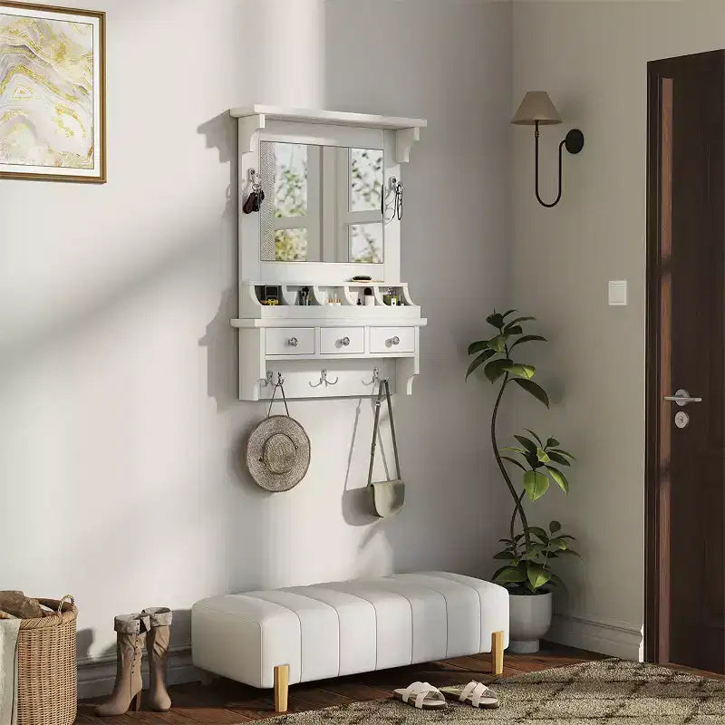 White Floating Makeup Vanity with Big Mirror, Wall-Mounted Storage Vanity with Drawers, Pockets & Hooks, Space-Saving for Small Space