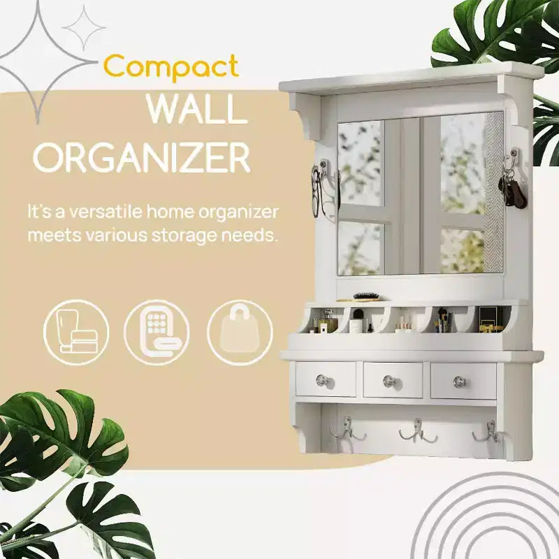 White Floating Makeup Vanity with Big Mirror, Wall-Mounted Storage Vanity with Drawers, Pockets & Hooks, Space-Saving for Small Space