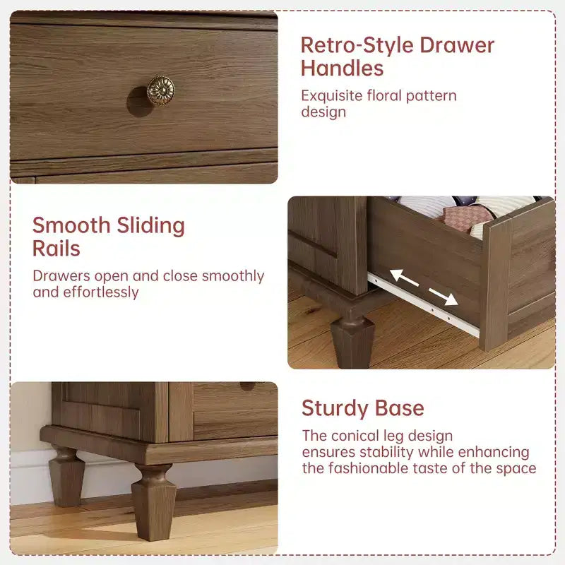 Vintage Dresser Chest with 4 Drawers, Carved Handles, Tapered Legs, Large Storage for Bedroom