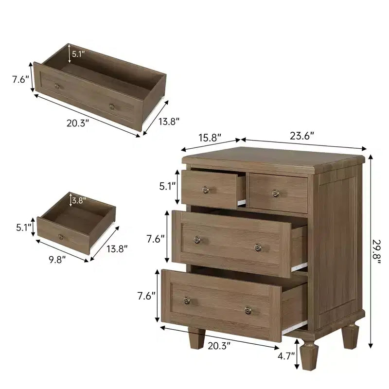 Vintage Dresser Chest with 4 Drawers, Carved Handles, Tapered Legs, Large Storage for Bedroom