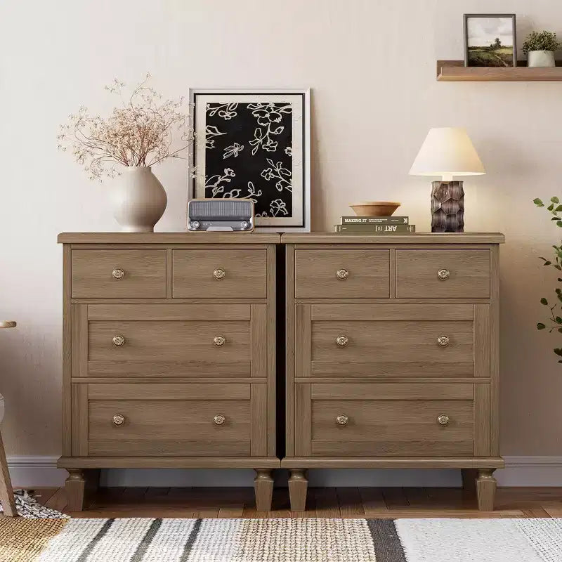 Vintage Dresser Chest with 4 Drawers, Carved Handles, Tapered Legs, Large Storage for Bedroom