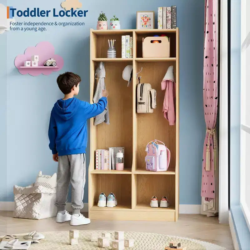 2-Section Kids Coat Locker with 4 Cubbies & Hooks for Classroom, Playroom & Entryway