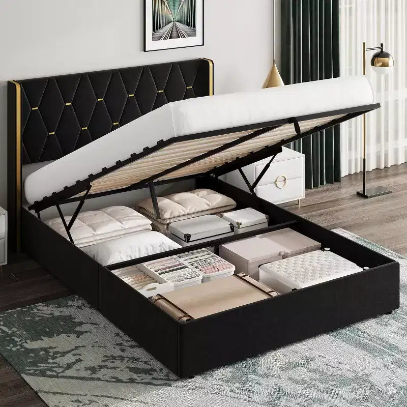 Upholstered Platform Bed Frame with Wingback Headboard and Under-Bed Storage