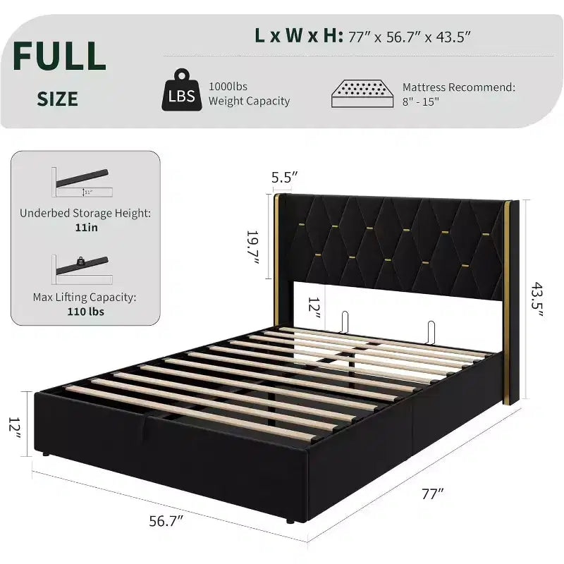 Upholstered Platform Bed Frame with Wingback Headboard and Under-Bed Storage