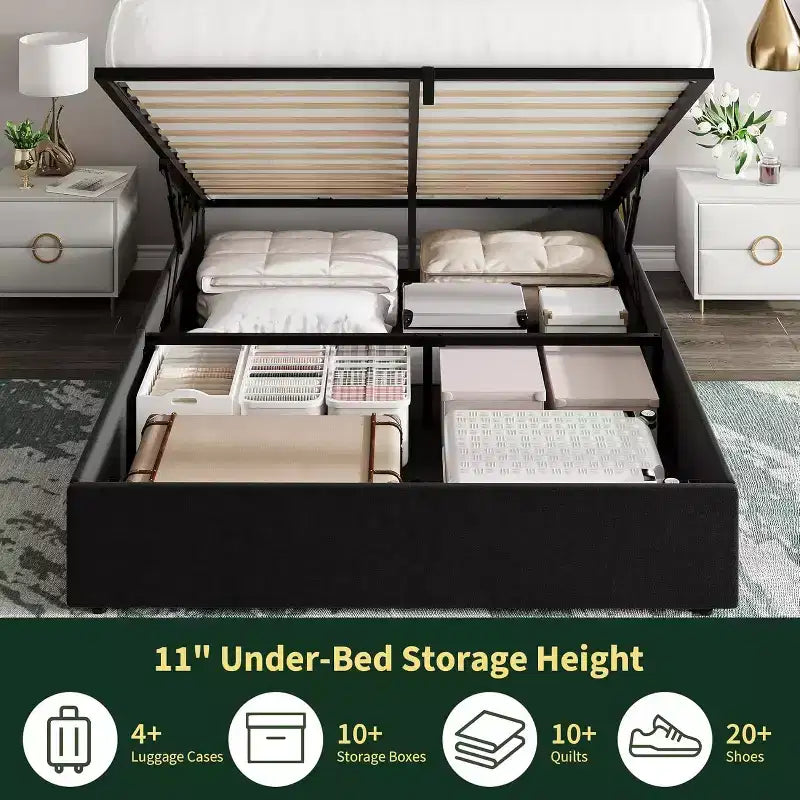 Upholstered Platform Bed Frame with Wingback Headboard and Under-Bed Storage