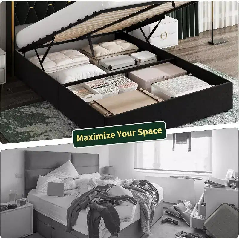 Upholstered Platform Bed Frame with Wingback Headboard and Under-Bed Storage