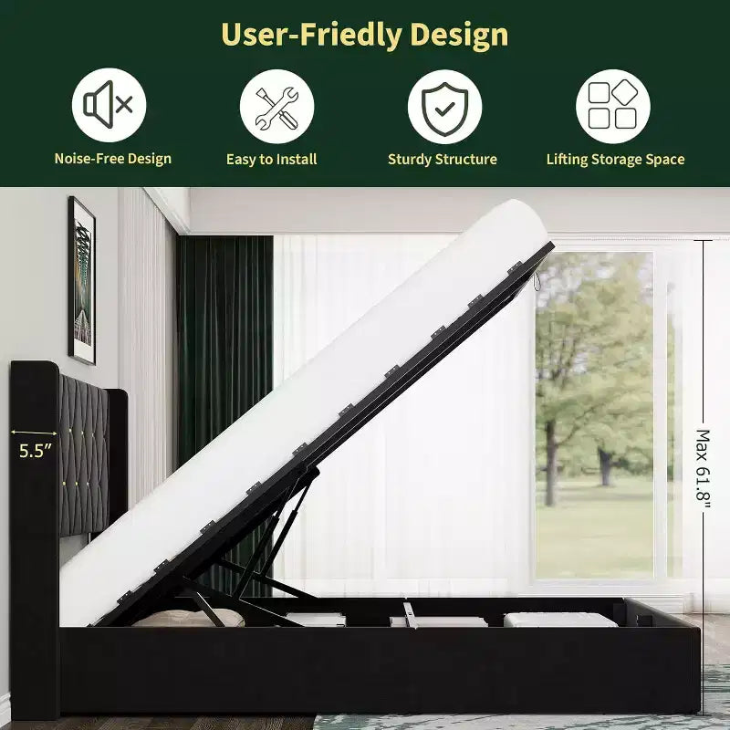 Upholstered Platform Bed Frame with Wingback Headboard and Under-Bed Storage