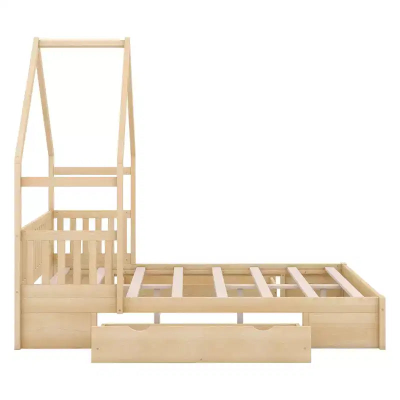 FAMYYT Queen Size Wood Bed?With Guardrail, 2 Drawers, Easy Assembly