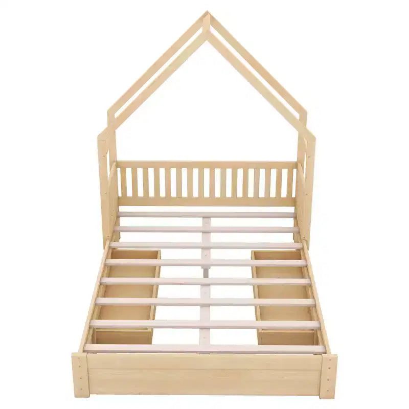 FAMYYT Queen Size Wood Bed?With Guardrail, 2 Drawers, Easy Assembly