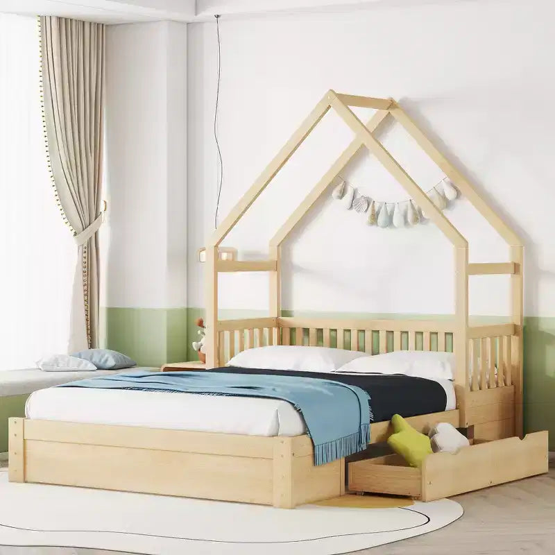 FAMYYT Queen Size Wood Bed?With Guardrail, 2 Drawers, Easy Assembly