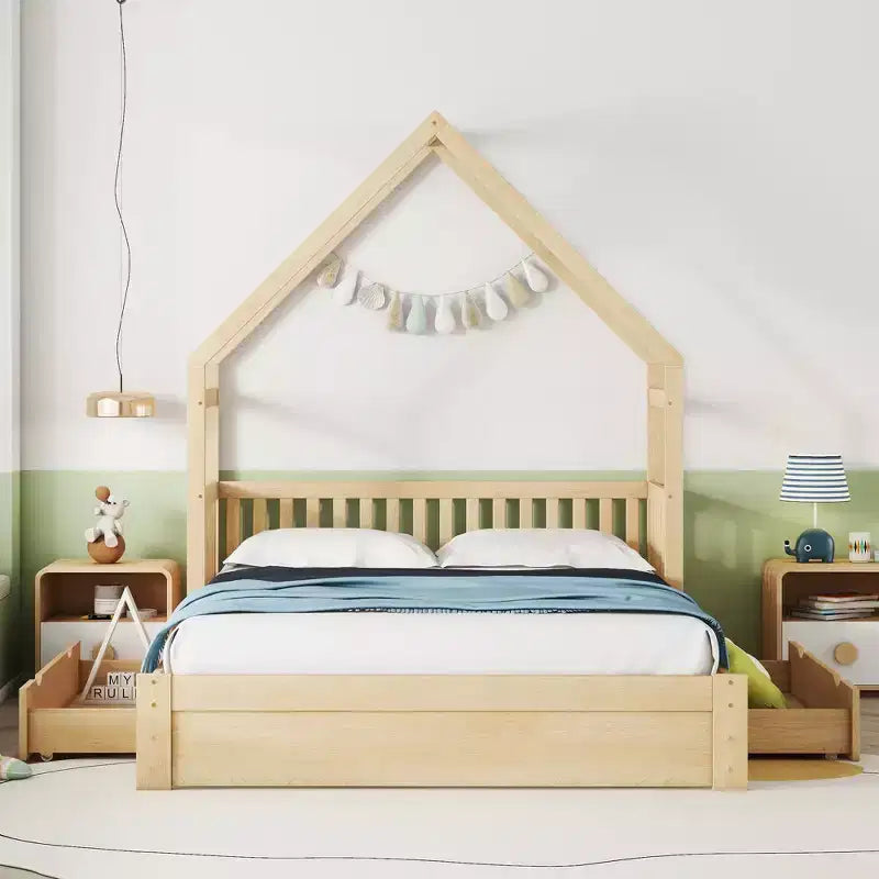 FAMYYT Queen Size Wood Bed?With Guardrail, 2 Drawers, Easy Assembly