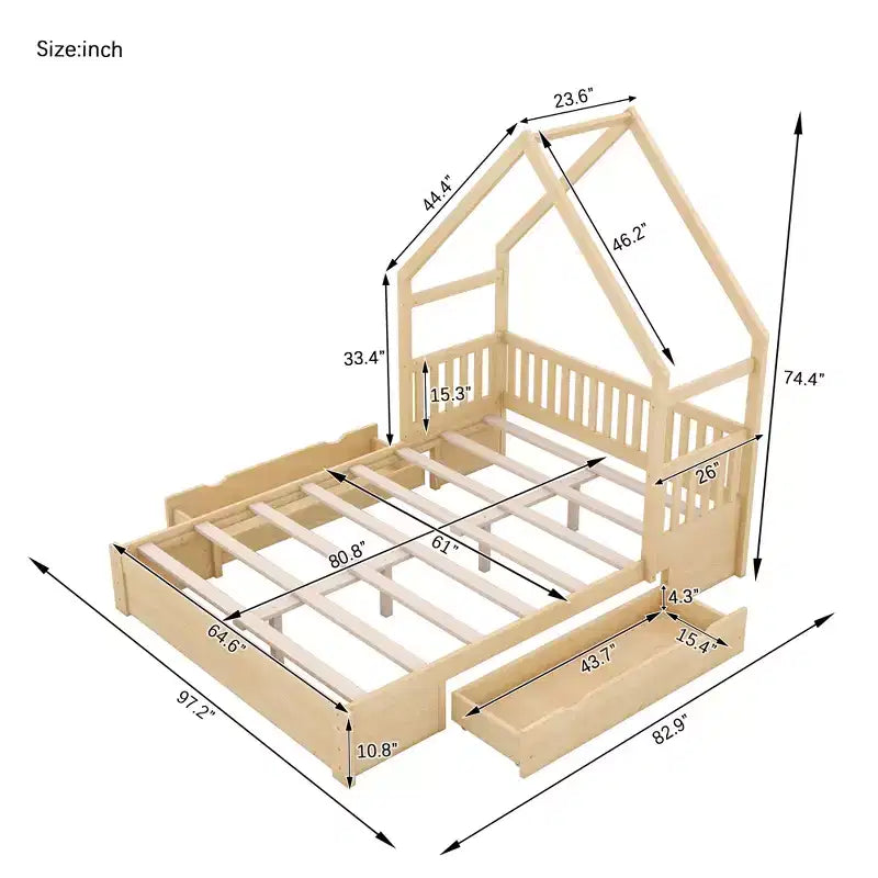 FAMYYT Queen Size Wood Bed?With Guardrail, 2 Drawers, Easy Assembly