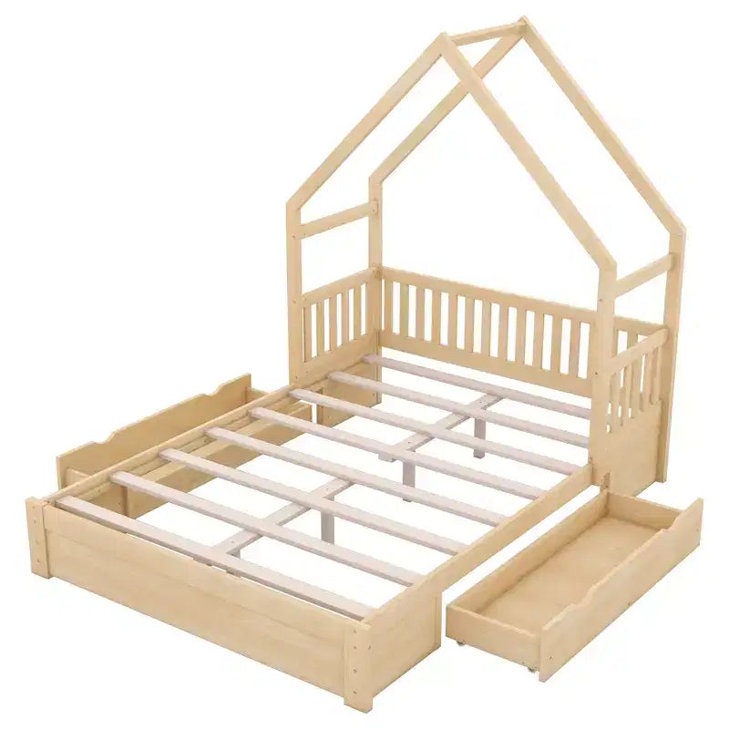 FAMYYT Queen Size Wood Bed?With Guardrail, 2 Drawers, Easy Assembly