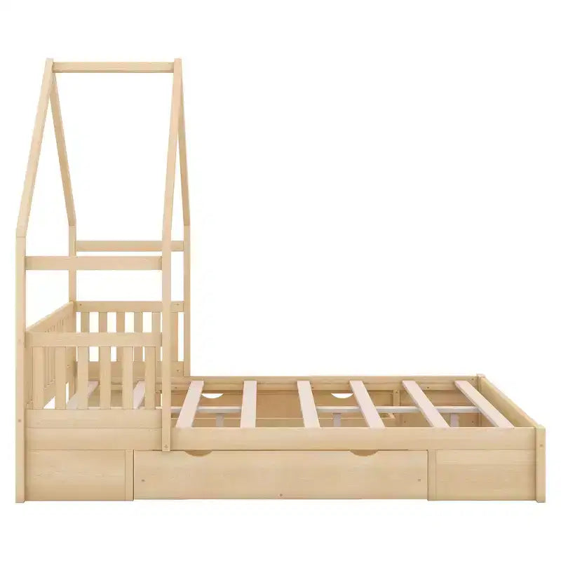 FAMYYT Queen Size Wood Bed?With Guardrail, 2 Drawers, Easy Assembly