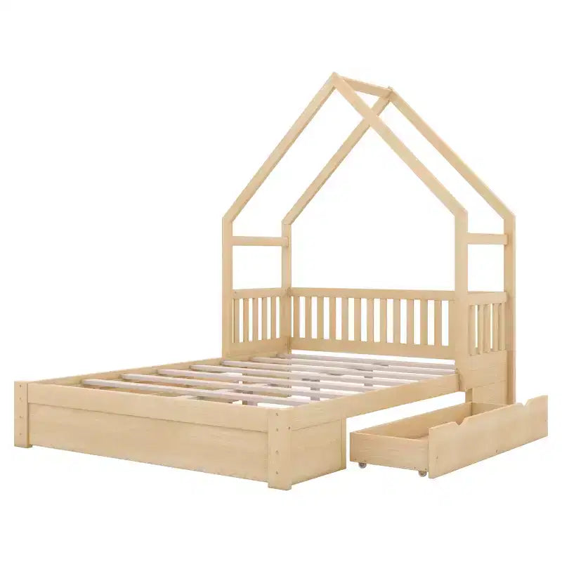 FAMYYT Queen Size Wood Bed?With Guardrail, 2 Drawers, Easy Assembly
