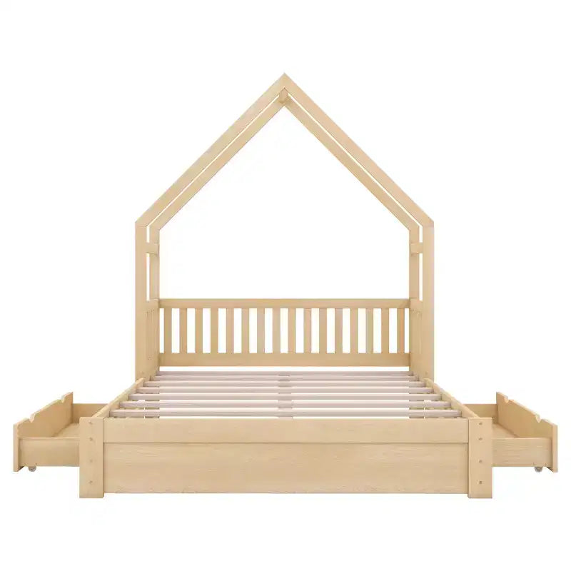 FAMYYT Queen Size Wood Bed?With Guardrail, 2 Drawers, Easy Assembly