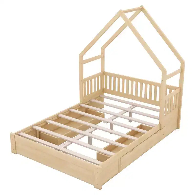 FAMYYT Queen Size Wood Bed?With Guardrail, 2 Drawers, Easy Assembly