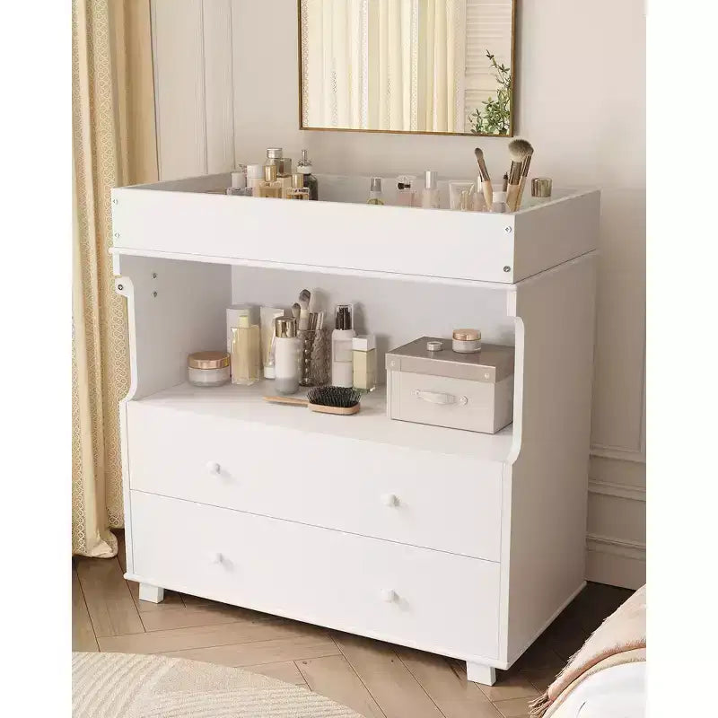 Baby Changing Table Dresser with 2 Drawers and Open Storage – White