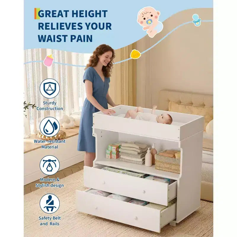 Baby Changing Table Dresser with 2 Drawers and Open Storage – White