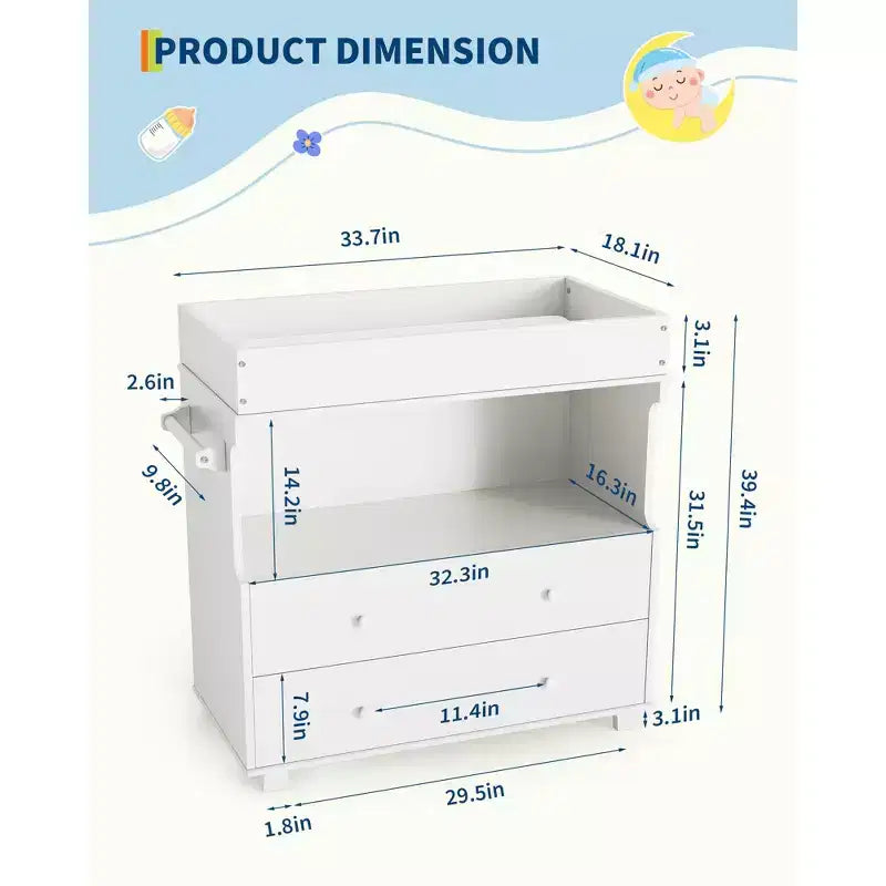 Baby Changing Table Dresser with 2 Drawers and Open Storage – White