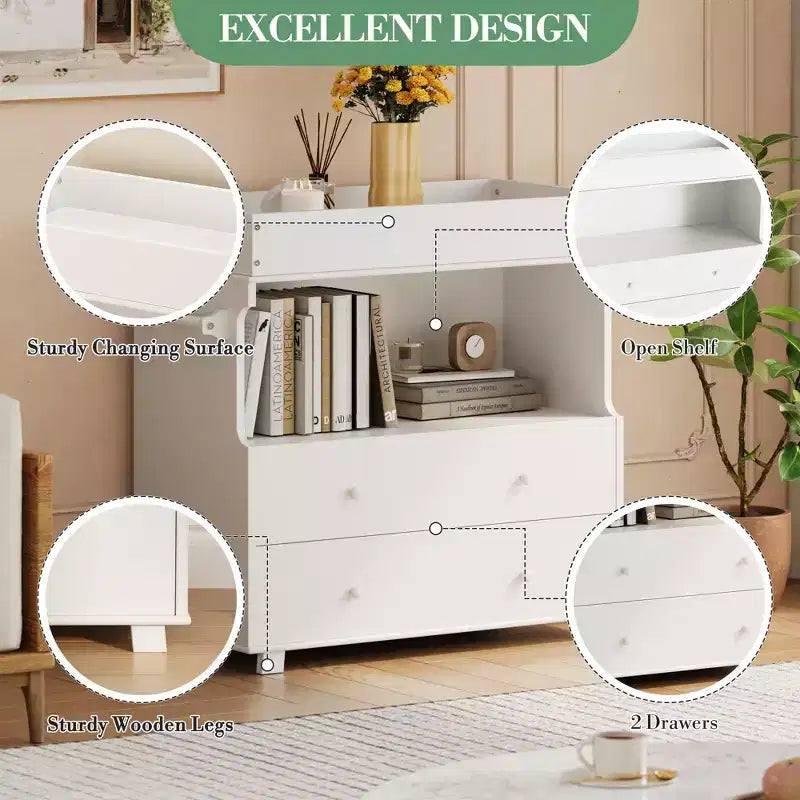 Baby Changing Table Dresser with 2 Drawers and Open Storage – White