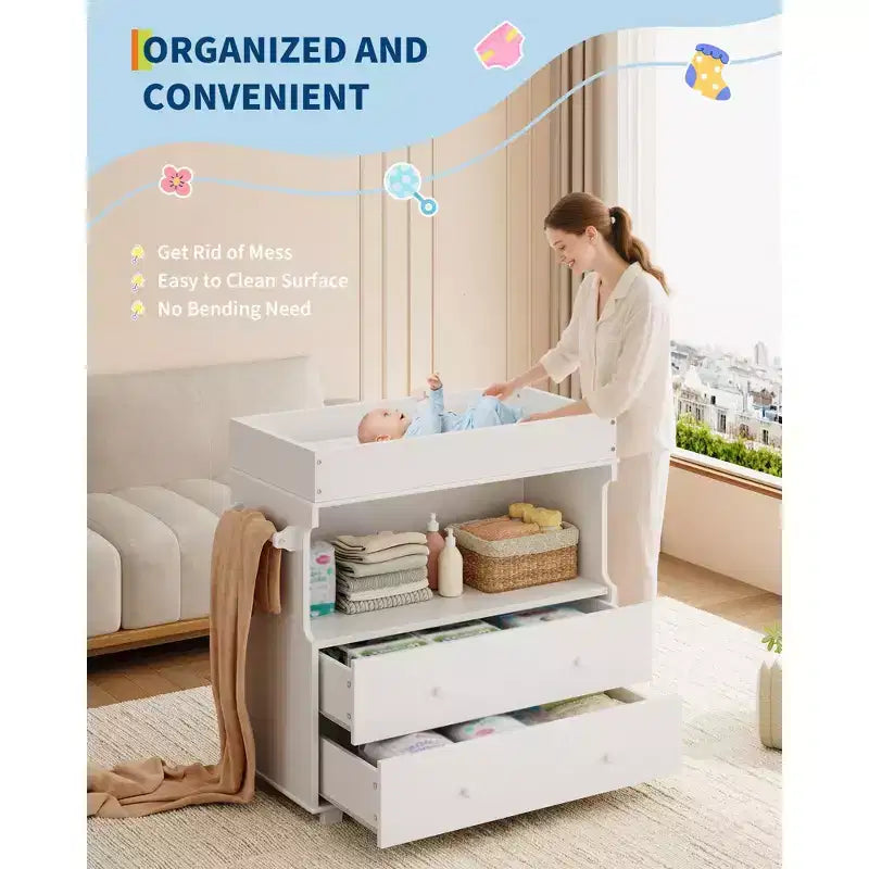 Baby Changing Table Dresser with 2 Drawers and Open Storage – White