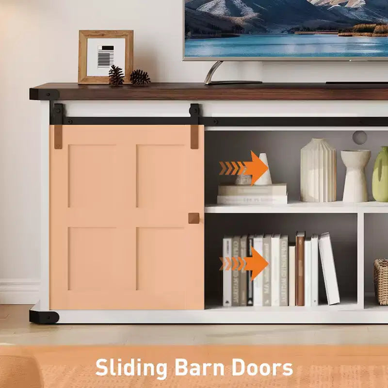 Farmhouse TV Stand for 75 Inch TV, 70 In Media Console with Sliding Barn Doors, Storage Cabinets, Adjustable Shelves, Built-In Power Outlets
