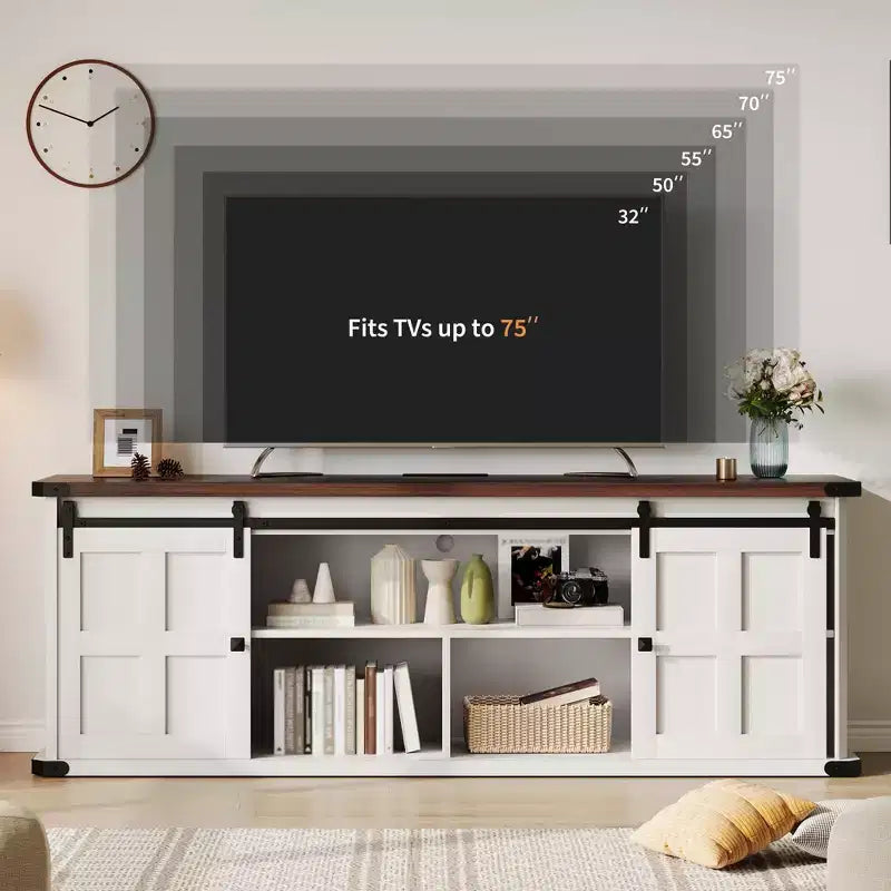 Farmhouse TV Stand for 75 Inch TV, 70 In Media Console with Sliding Barn Doors, Storage Cabinets, Adjustable Shelves, Built-In Power Outlets