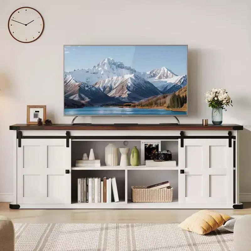 Farmhouse TV Stand for 75 Inch TV, 70 In Media Console with Sliding Barn Doors, Storage Cabinets, Adjustable Shelves, Built-In Power Outlets