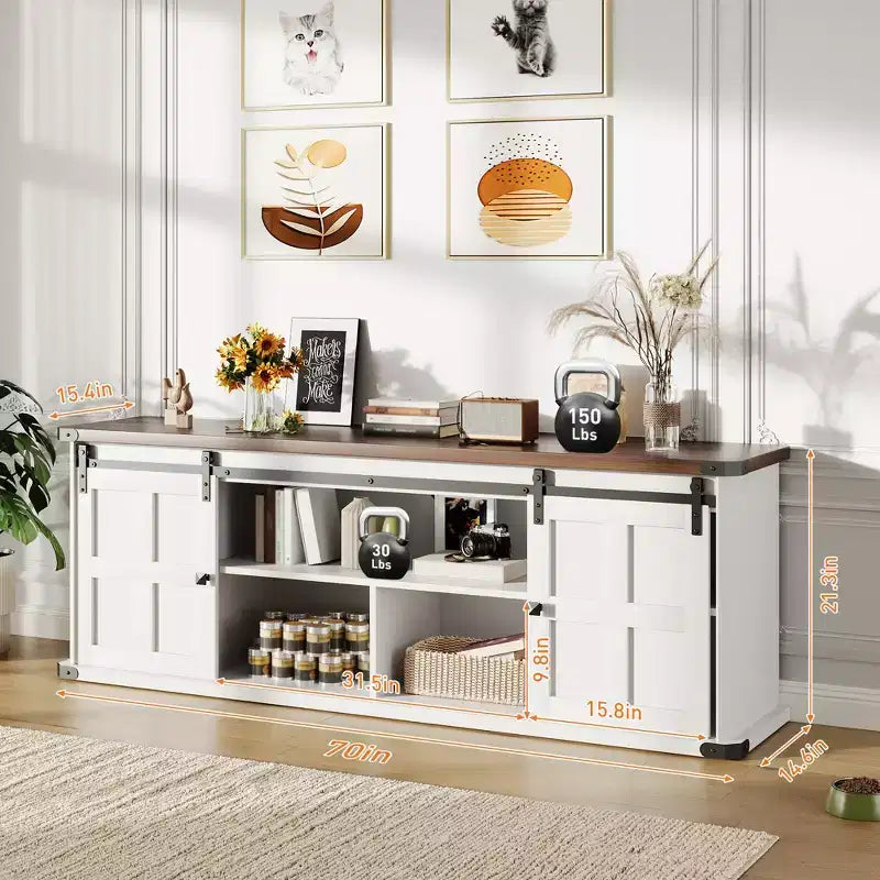 Farmhouse TV Stand for 75 Inch TV, 70 In Media Console with Sliding Barn Doors, Storage Cabinets, Adjustable Shelves, Built-In Power Outlets