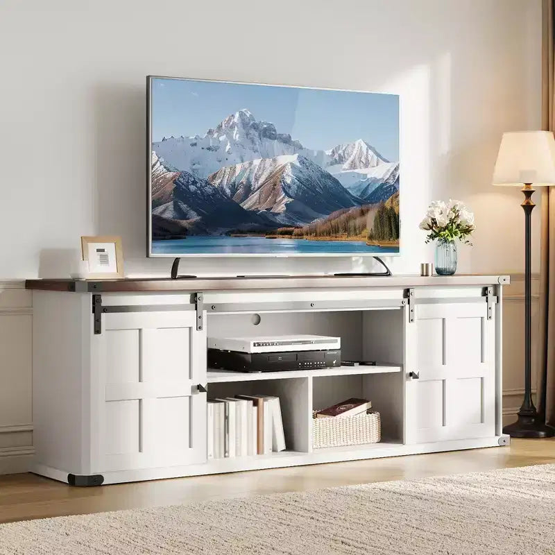 Farmhouse TV Stand for 75 Inch TV, 70 In Media Console with Sliding Barn Doors, Storage Cabinets, Adjustable Shelves, Built-In Power Outlets