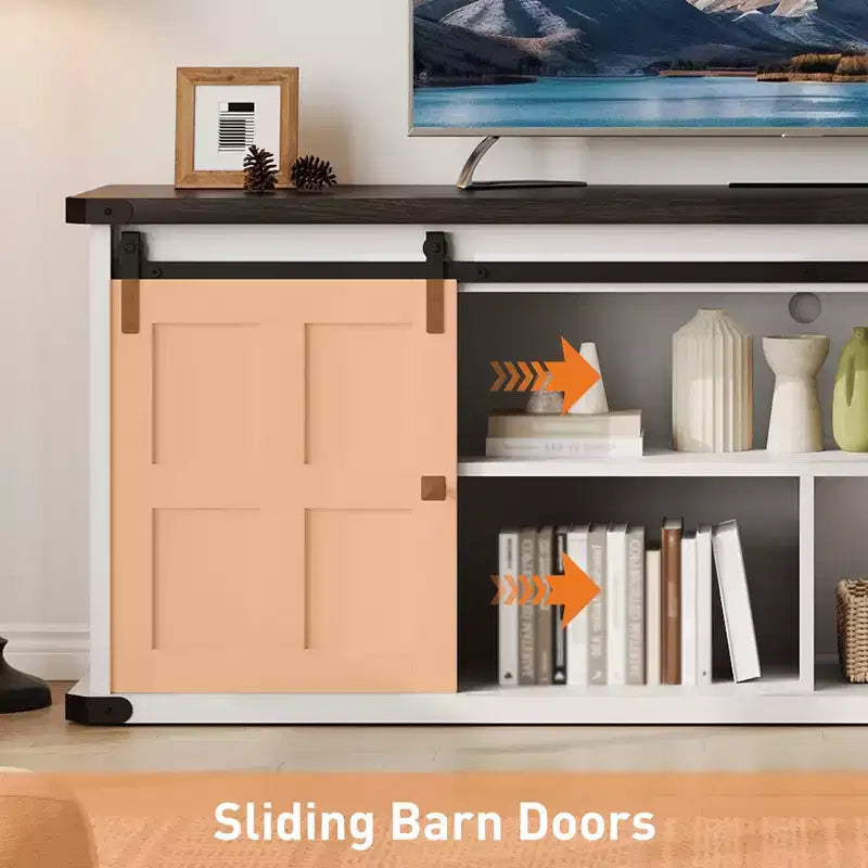 Farmhouse TV Stand for 75 Inch TV, 70 In Media Console with Sliding Barn Doors, Storage Cabinets, Adjustable Shelves, Built-In Power Outlets
