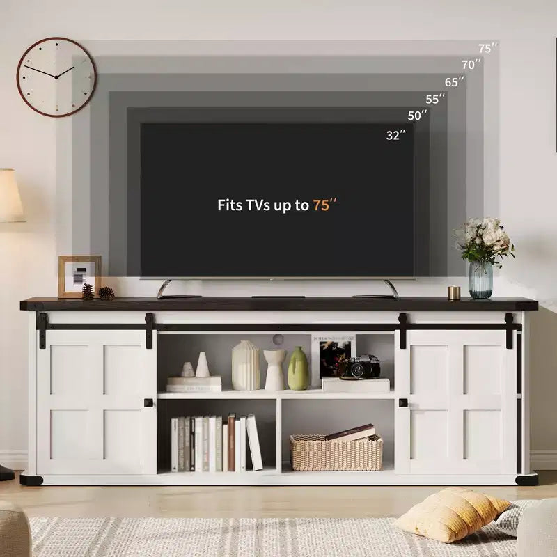 Farmhouse TV Stand for 75 Inch TV, 70 In Media Console with Sliding Barn Doors, Storage Cabinets, Adjustable Shelves, Built-In Power Outlets