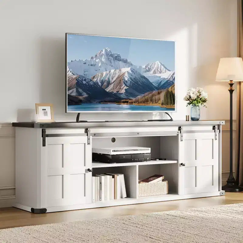 Farmhouse TV Stand for 75 Inch TV, 70 In Media Console with Sliding Barn Doors, Storage Cabinets, Adjustable Shelves, Built-In Power Outlets