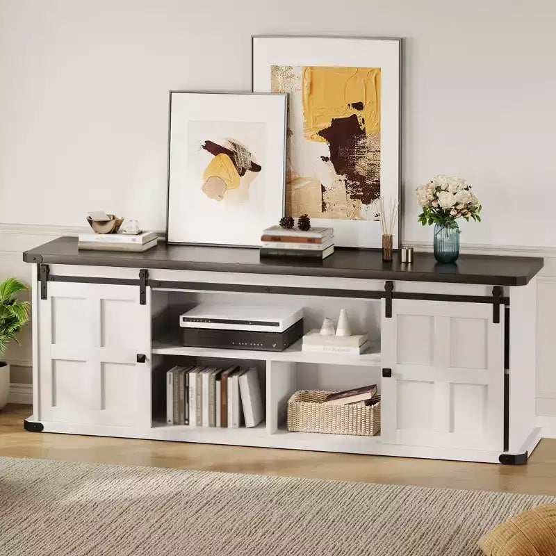 Farmhouse TV Stand for 75 Inch TV, 70 In Media Console with Sliding Barn Doors, Storage Cabinets, Adjustable Shelves, Built-In Power Outlets