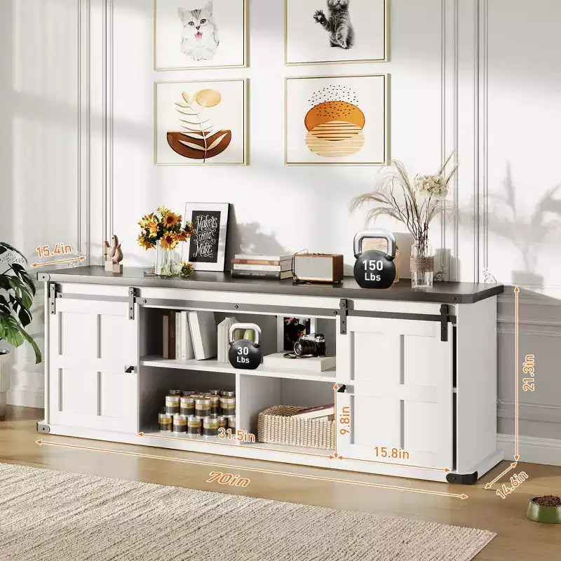 Farmhouse TV Stand for 75 Inch TV, 70 In Media Console with Sliding Barn Doors, Storage Cabinets, Adjustable Shelves, Built-In Power Outlets