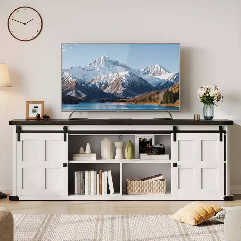 Farmhouse TV Stand for 75 Inch TV, 70 In Media Console with Sliding Barn Doors, Storage Cabinets, Adjustable Shelves, Built-In Power Outlets
