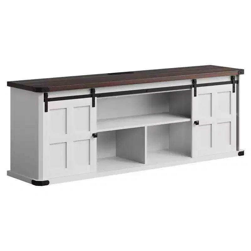 Farmhouse TV Stand for 75 Inch TV, 70 In Media Console with Sliding Barn Doors, Storage Cabinets, Adjustable Shelves, Built-In Power Outlets