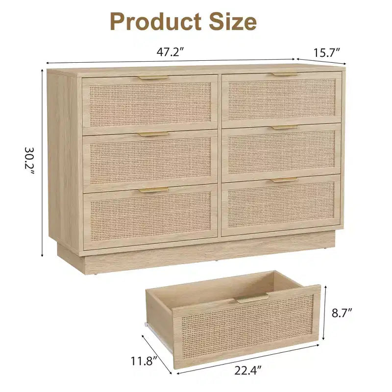 6 Drawer Rattan TV Stand with Storage, Wood Entertainment Center for TVs up to 75 Inch, Farmhouse Style Console Table for Living Room