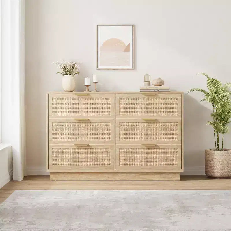 6 Drawer Rattan TV Stand with Storage, Wood Entertainment Center for TVs up to 75 Inch, Farmhouse Style Console Table for Living Room