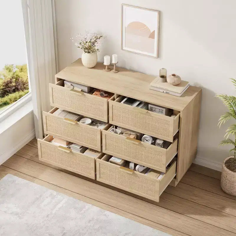 6 Drawer Rattan TV Stand with Storage, Wood Entertainment Center for TVs up to 75 Inch, Farmhouse Style Console Table for Living Room
