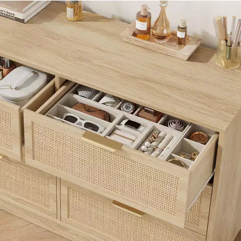 6 Drawer Rattan TV Stand with Storage, Wood Entertainment Center for TVs up to 75 Inch, Farmhouse Style Console Table for Living Room