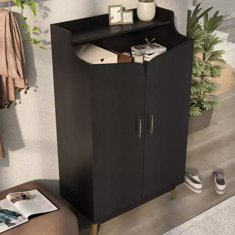 Meuble à chaussures double porte – Peut contenir 15 paires, étagères réglables, noir style Mid-Century