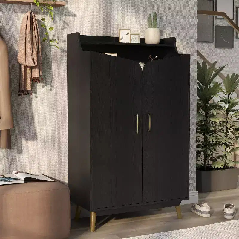 Meuble à chaussures double porte – Peut contenir 15 paires, étagères réglables, noir style Mid-Century